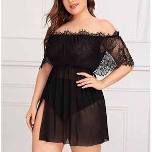Off shoulder sexy black Lace mesh sheer dress lingerie slip dress L XL